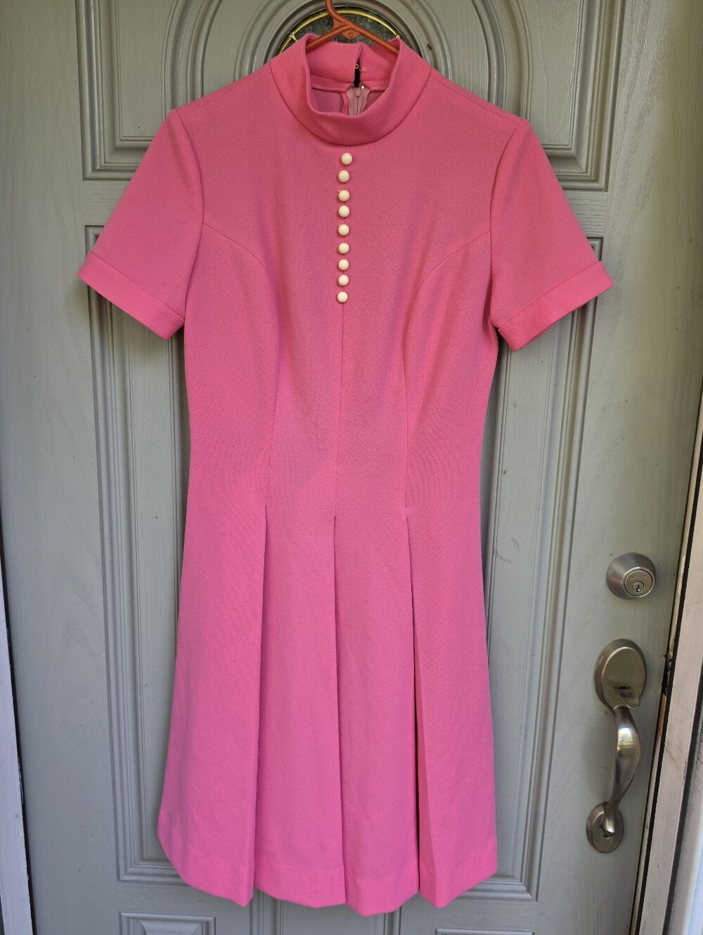 Vintage Pink Midi Dress with Front Pearl Buttons